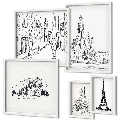 Dekoracja ścienna zestaw obrazów Stylowe ilustracje architektury
