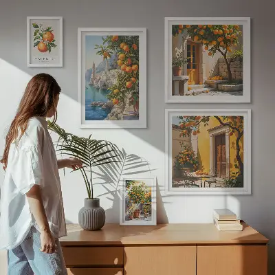 Zestaw obrazów w ramie do galerii ściennej z klimatycznymi widokami owocowymi