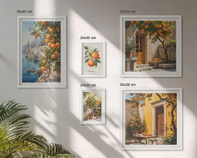 Zestaw obrazów w ramie do galerii ściennej z klimatycznymi widokami owocowymi