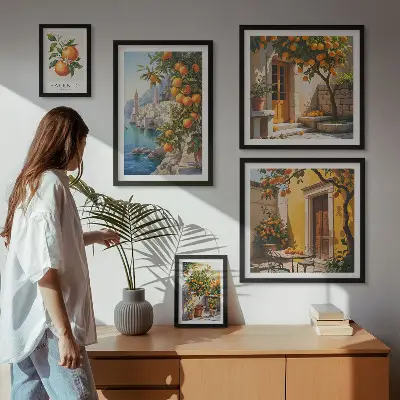 Zestaw obrazów w ramie do galerii ściennej z klimatycznymi widokami owocowymi