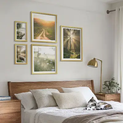 Zestaw 5 obrazów w ramie leśne pejzaże ze słońcem i wodą