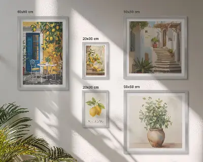 Zestaw obrazów w ramie do galerii ściennej z cytrusowymi inspiracjami stylu