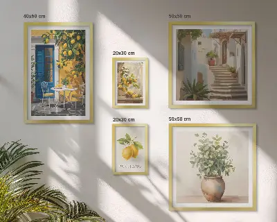 Zestaw obrazów w ramie do galerii ściennej z cytrusowymi inspiracjami stylu