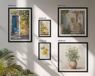 Zestaw obrazów w ramie do galerii ściennej z cytrusowymi inspiracjami stylu