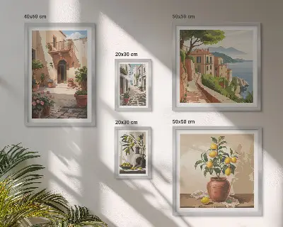 Zestaw obrazów w ramie do galerii ściennej z motywem uliczek kwiatowych w stylu śródziemnomorskim