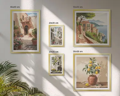 Zestaw obrazów w ramie do galerii ściennej z motywem uliczek kwiatowych w stylu śródziemnomorskim