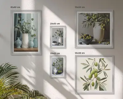 Zestaw obrazów w ramie do galerii ściennej z motywem zielonych oliwek w wazonie