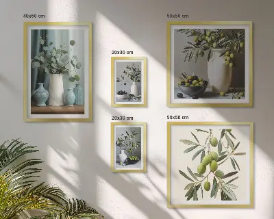 Zestaw obrazów w ramie do galerii ściennej z motywem zielonych oliwek w wazonie