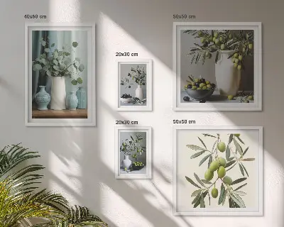 Zestaw obrazów w ramie do galerii ściennej z motywem zielonych oliwek w wazonie