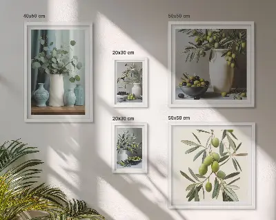 Zestaw 5 obrazów w ramie z motywem zielonych oliwek i kwiatów w stylu skandynawskim