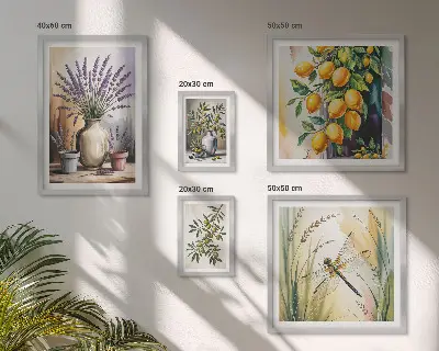 Galeria obrazów na ścianę z motywem kwiatów, oliwek i cytryn w stylu rustykalnym