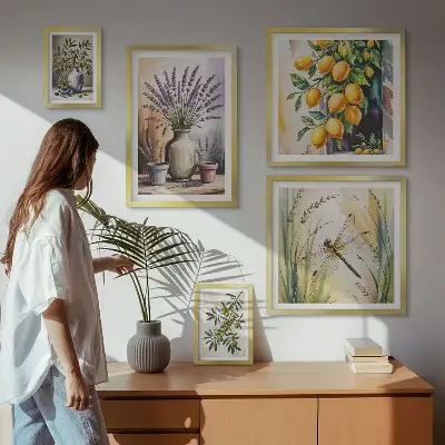 Galeria obrazów na ścianę z motywem kwiatów, oliwek i cytryn w stylu rustykalnym