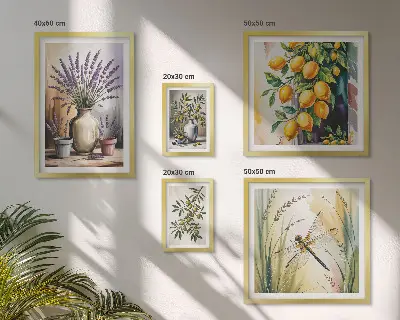 Galeria obrazów na ścianę z motywem kwiatów, oliwek i cytryn w stylu rustykalnym