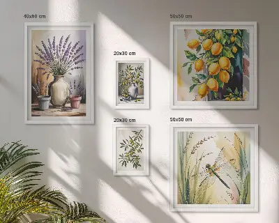 Galeria obrazów na ścianę z motywem kwiatów, oliwek i cytryn w stylu rustykalnym