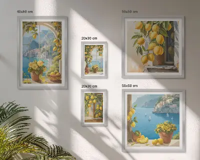 Zestaw obrazów w ramie do galerii ściennej z cytrynowymi akcentami w stylu prowansalskim z widokiem na morze