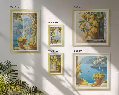 Zestaw obrazów w ramie do galerii ściennej z cytrynowymi akcentami w stylu prowansalskim z widokiem na morze