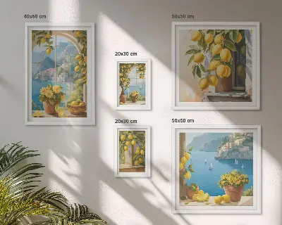 Zestaw obrazów w ramie do galerii ściennej z cytrynowymi akcentami w stylu prowansalskim z widokiem na morze