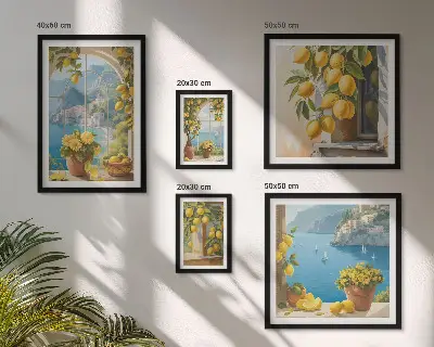 Zestaw obrazów w ramie do galerii ściennej z cytrynowymi akcentami w stylu prowansalskim z widokiem na morze