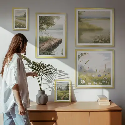 Galeria obrazów na ścianę spokojne pejzaże z pomostem i łąką