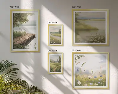 Galeria obrazów na ścianę spokojne pejzaże z pomostem i łąką