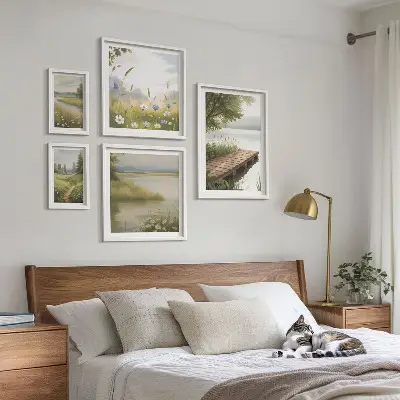 Galeria obrazów na ścianę spokojne pejzaże z pomostem i łąką