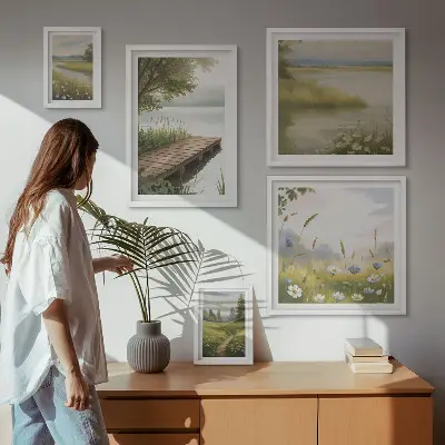 Galeria obrazów na ścianę spokojne pejzaże z pomostem i łąką