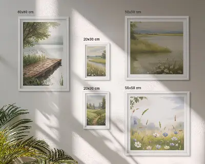 Galeria obrazów na ścianę spokojne pejzaże z pomostem i łąką