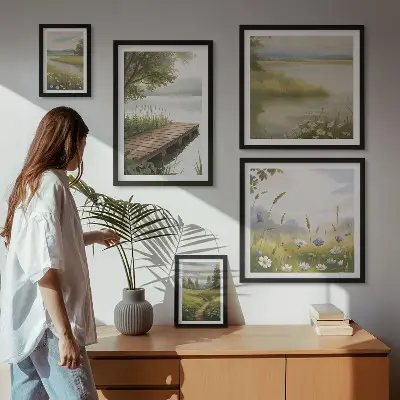 Galeria obrazów na ścianę spokojne pejzaże z pomostem i łąką