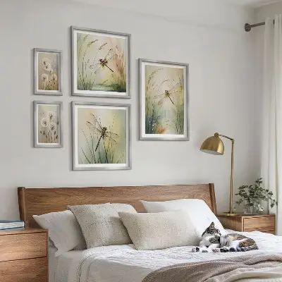 Zestaw obrazów w ramie do galerii ściennej Motywy przyrody boho z ważkami