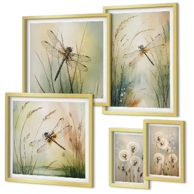 Zestaw obrazów w ramie do galerii ściennej Motywy przyrody boho z ważkami