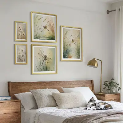 Zestaw obrazów w ramie do galerii ściennej Motywy przyrody boho z ważkami