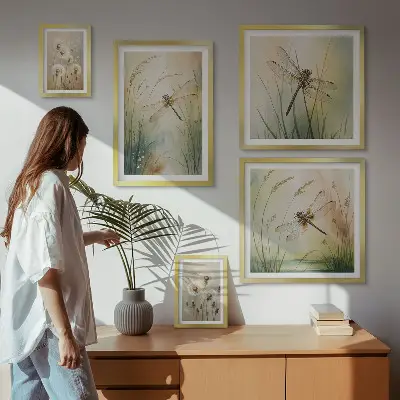 Zestaw obrazów w ramie do galerii ściennej Motywy przyrody boho z ważkami