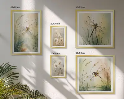 Zestaw obrazów w ramie do galerii ściennej Motywy przyrody boho z ważkami