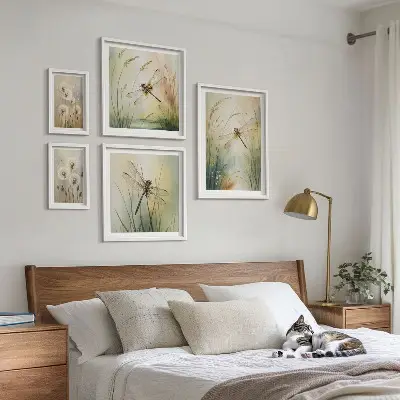 Zestaw obrazów w ramie do galerii ściennej Motywy przyrody boho z ważkami