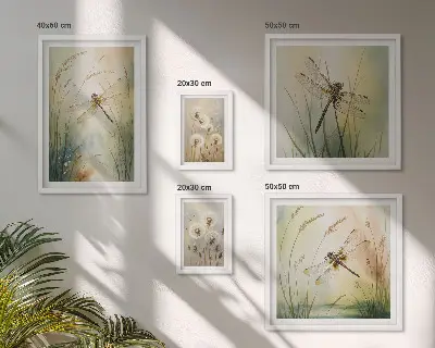 Zestaw obrazów w ramie do galerii ściennej Motywy przyrody boho z ważkami