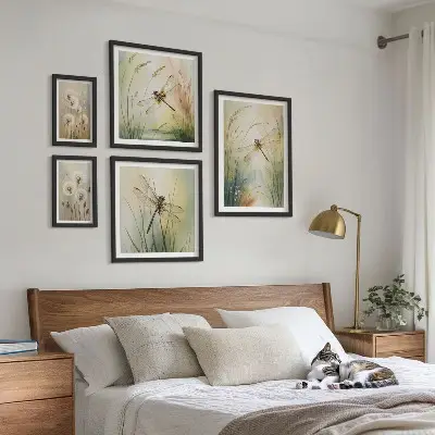 Zestaw obrazów w ramie do galerii ściennej Motywy przyrody boho z ważkami