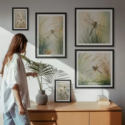 Zestaw obrazów w ramie do galerii ściennej Motywy przyrody boho z ważkami