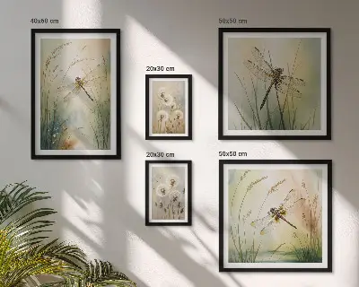 Zestaw obrazów w ramie do galerii ściennej Motywy przyrody boho z ważkami
