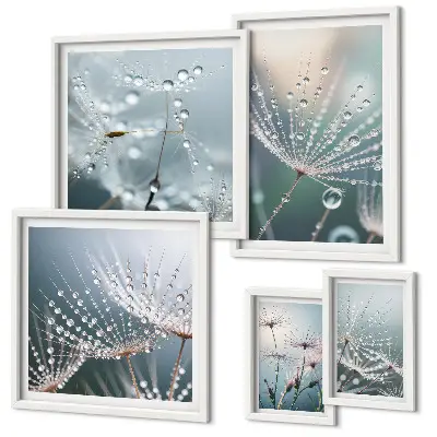 Zestaw obrazów w ramie do galerii ściennej Krople rosy minimalistyczne rośliny