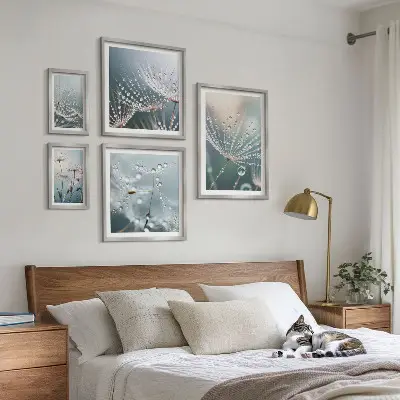 Zestaw obrazów w ramie do galerii ściennej minimalistyczne rośliny z motywem kropel rosy