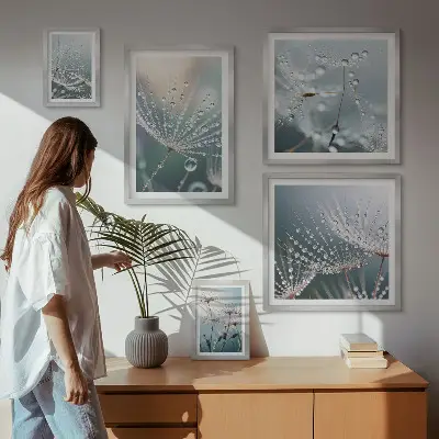 Zestaw obrazów w ramie do galerii ściennej minimalistyczne rośliny z motywem kropel rosy