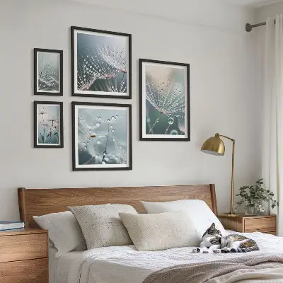 Zestaw obrazów w ramie do galerii ściennej minimalistyczne rośliny z motywem kropel rosy