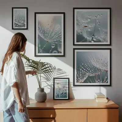 Zestaw obrazów w ramie do galerii ściennej minimalistyczne rośliny z motywem kropel rosy