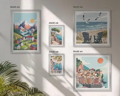 Krajobrazy gór i morza w stylu retro zestaw 5 obrazów w ramie