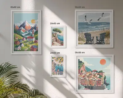 Krajobrazy gór i morza w stylu retro zestaw 5 obrazów w ramie