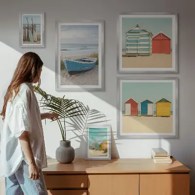 Galeria obrazów na ścianę nadmorskie widoki z domkami i łódkami