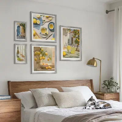Zestaw obrazów w ramie do galerii ściennej z rustykalnymi cytrynami do kuchni