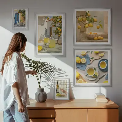 Zestaw obrazów w ramie do galerii ściennej z rustykalnymi cytrynami do kuchni