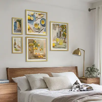 Zestaw obrazów w ramie do galerii ściennej z rustykalnymi cytrynami do kuchni