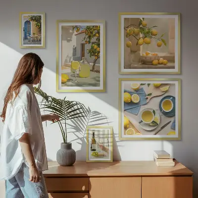 Zestaw obrazów w ramie do galerii ściennej z rustykalnymi cytrynami do kuchni